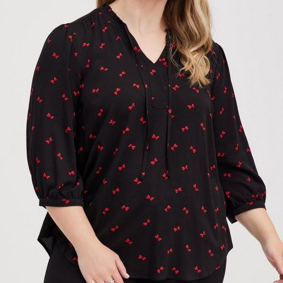 Torrid Rayon Twill Tie Neck Red Bow Top - Picture 2 of 16